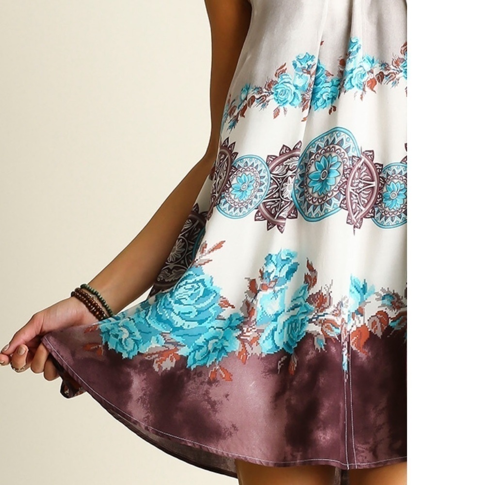 Loose fitting swing dress, turquoise, brown, cream - Picture 2 of 5